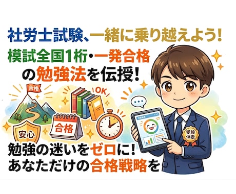 模試全国1桁・一発合格の社労士が試験の相談のります 勉強の迷いをゼロに。全国トップクラスの学習法を直接伝授します イメージ1
