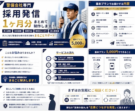 警備会社専門で採用発信をまとめて作ります 求人原稿・SNS投稿まで採用発信を一括サポート イメージ1