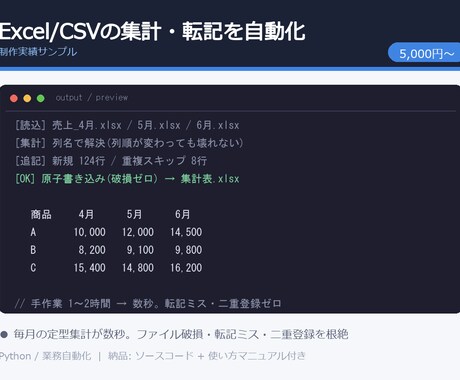 CSVデータ整形集計を自動化します フィルタ・結合・集計・グラフ出力まで対応 イメージ1