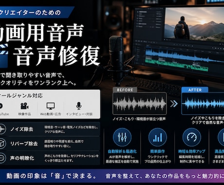 動画・録音音声のノイズや音量差を聞きやすく整えます YouTube動画などの音声を聞き取りやすく修復・調整します イメージ1