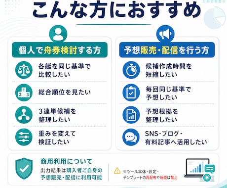 競艇データ分析・予想作成支援ツールを納品します 個人の舟券検討にも、予想販売・配信の候補作成にも使えます イメージ2