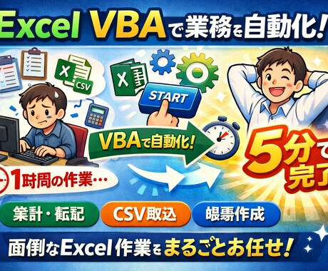 Excel VBAで面倒な業務を自動化します 企業への導入実績あり、ボタン1つで終わるExcel、作ります イメージ1
