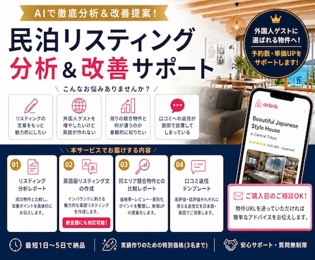 AIで民泊リスティングを分析・改善します AIで民泊の予約が増えるリスティングに変えます イメージ1