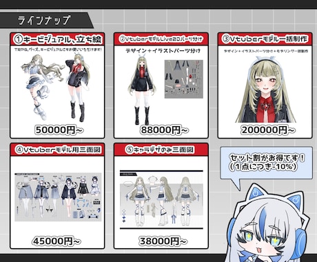 企業V並みのVtuberモデル制作いたします 立ち絵、モデリング、三面図、キービジュアル…セット割がお得◎ イメージ2