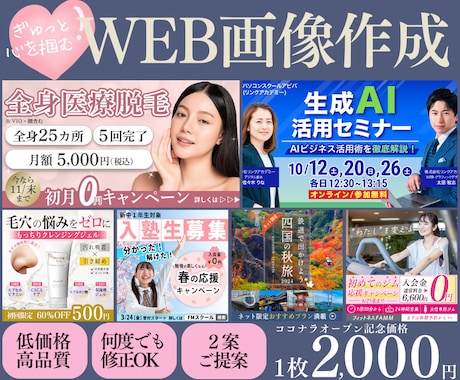 ぎゅっと心を掴むWEB画像を低価格で作成します ココナラ初めての方もご安心ください！丁寧に対応致します。 イメージ1