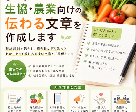 生協・農業向けの伝わる文章を作成します ビジネス文書・販促文等を現場経験を活かして丁寧に対応します。 イメージ1