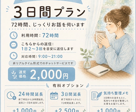 電話が苦手でも◎ 文章で3日間話し相手になります あなたのお気持ち、元雑誌編集者が丁寧に受け止めます。 イメージ2