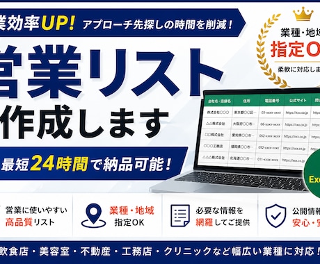 営業リストを業種・地域別に作成します 営業効率が上がる高品質リスト、携帯番号や新店舗など イメージ1