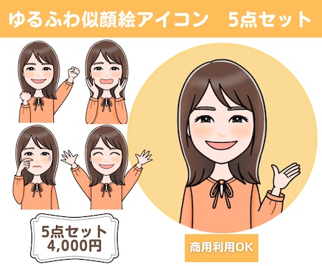 表情・ポーズ違いのアイコン『5セット』描きます SNS・ブログ・挿絵などのイラストに♪ゆるふわ似顔絵！ イメージ1