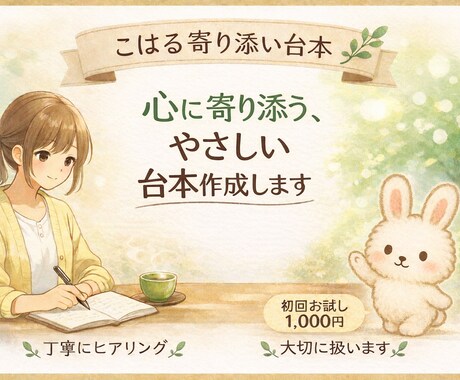 心が疲れている人に寄り添う文章・台本を書きます 強い言葉は使わず、気持ちに寄り添う文章をお届けします イメージ1