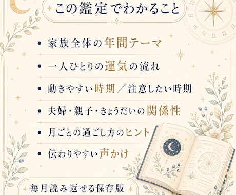 家族全員の年間運勢をやさしく鑑定します 家族みんなの1年の流れを知り、安心して過ごすための鑑定です イメージ2