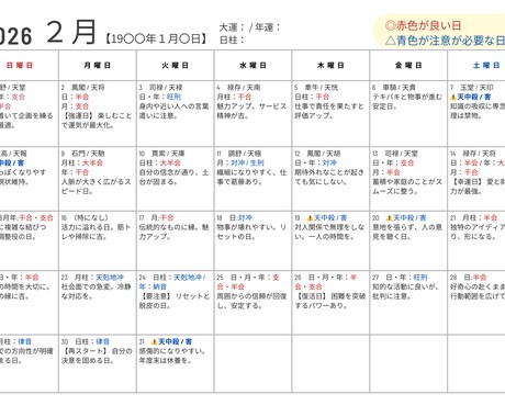 2026年の完全個別の毎日運勢カレンダー作成します 運気の波を読む、天中殺・注意日入り本格カレンダー イメージ1