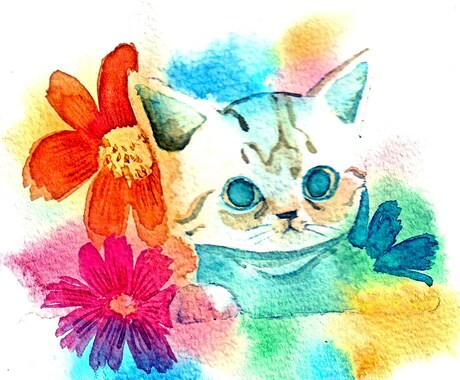 愛猫や愛犬をお花をバックに彩りお描きします 猫ちゃん、ワンちゃんを