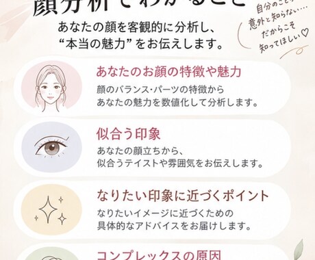 顔分析｜あなたのお顔の魅力をお伝えします お顔の特徴や魅力を客観的に分析。今より楽しい毎日へ。 イメージ2