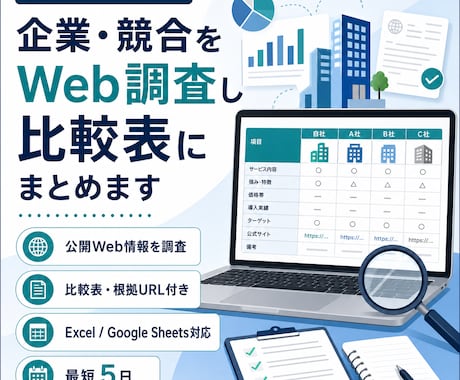企業・競合をWeb調査し比較表にまとめます 公開情報を確認し、根拠URL付きで使いやすく整理します イメージ1