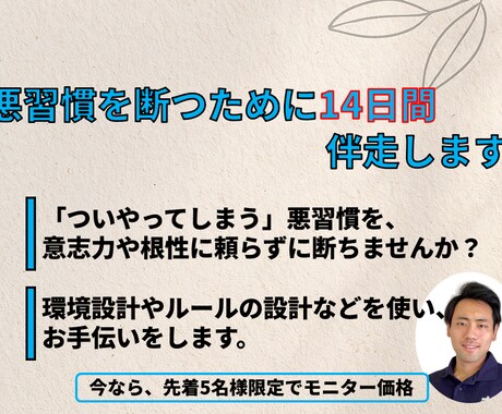 悪習慣を断つために、【14日間】伴走します 『ついやってしまう』悪習慣を、気合いや根性なしでリセット！ イメージ1