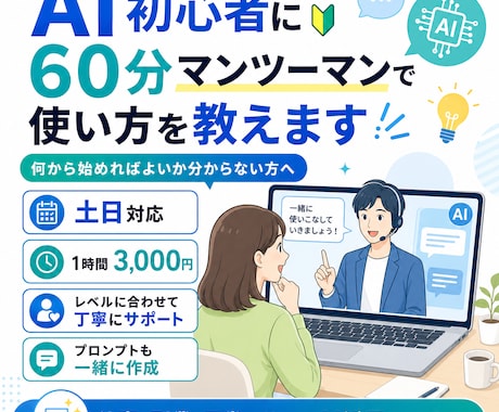 AI初心者に60分マンツーマンで使い方を教えます あなたのレベルに合わせてAIの使い方を教えます イメージ1