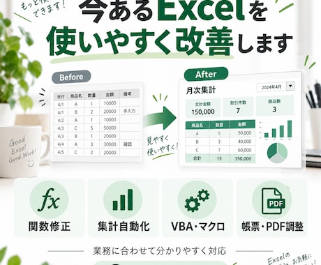 今あるExcelを使いやすく改善しますます 関数・集計・VBAまで業務に合わせて改善します イメージ1