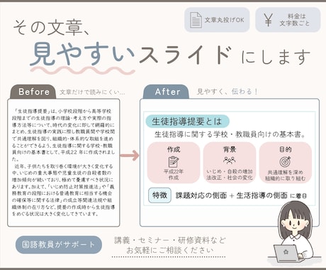 丸投げOK！文章から「伝わるスライド」を作成します 現役国語教員が要点整理＆デザイン。伝わる資料に整えます イメージ2