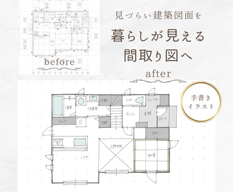 既存の間取り図をやさしい手書き図面に描き直します 女性目線のやさしいタッチで見やすく清書します イメージ1