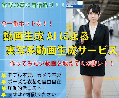 動画生成AIで、ワンシーン20秒の動画を作成します 低コストでSNSや広告に最適な実写系動画をご提供！！ イメージ1