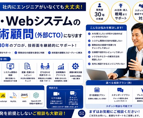 外部CTOとしてAI・Web開発を支援します 開発歴30年、技術面の相談・サポートします イメージ1