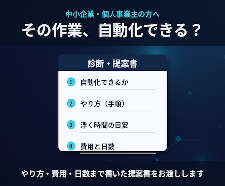 その手作業、自動化できる？エンジニアが診断します やり方・費用・日数まで書いた提案書でお答えします イメージ1