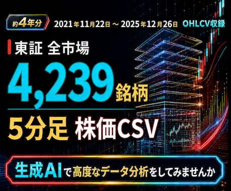 東証全4,239銘柄の5分足株価CSVを提供します OHLCV収録｜生成AI・Python・バックテストに使える イメージ1