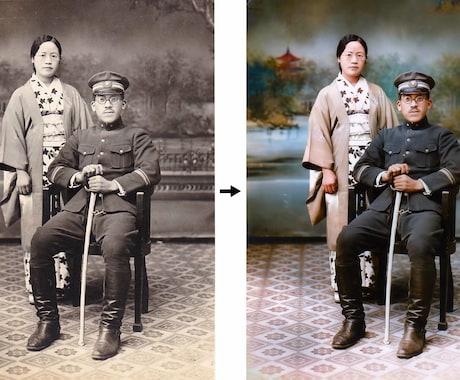 白黒写真をAIでカラーに復元します 大切な思い出を鮮やかに、古い白黒写真をカラー化します。 イメージ1