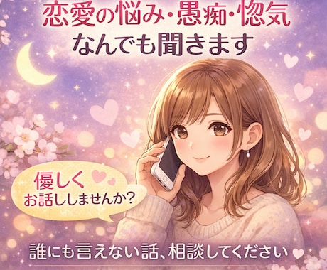 秘密厳守で悩み、愚痴、誰にも言えない話を聞きます 誰かに背中を押してほしい、ただ聞いてほしい方も大歓迎です。 イメージ1