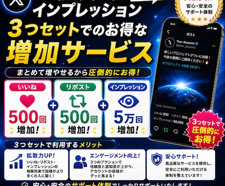 Xのいいね&リポスト&インプ5！5！5！増やします ここだけの欲張り全部増加プラン！嬉しい7日間の補填保証付き！ イメージ1