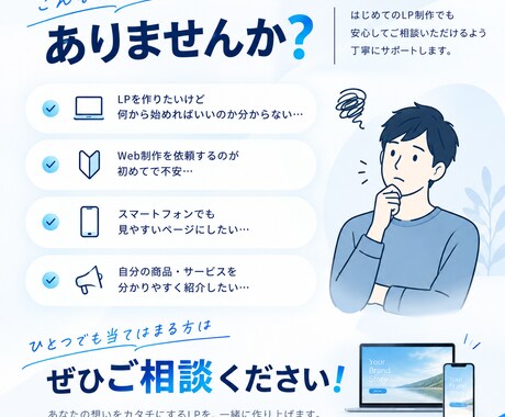 初めてのLP｜1ページ｜スマホ対応で制作します 初めての方も安心。ヒアリングから制作まで丁寧にサポートします イメージ2
