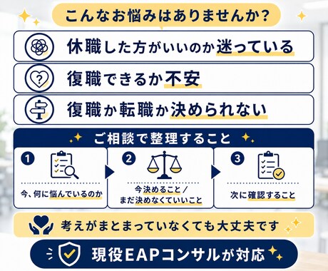現役EAPコンサルが休職・復職の迷いを整理します 労働者支援の現場から、会社側の視点も交えて一緒に考えます イメージ2