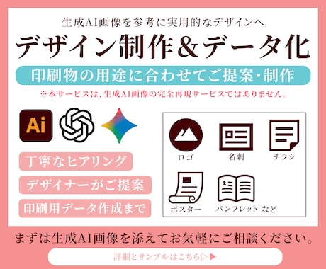 生成AI画像を印刷向けデザインに仕上げします 生成AIでは難しい最終仕上げを丁寧にサポートします。 イメージ1