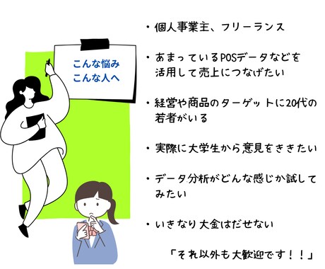 事業の見える化×学生目線で売上サポートします ２０代向けのサービス提供の悩みをデータと意見交換で解決！ イメージ2
