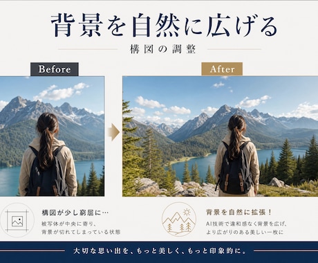写真の不要物削除や人物補正を自然に仕上げます 加工感のない自然な仕上がり｜歯・髪色・シワ・背景拡張 イメージ2