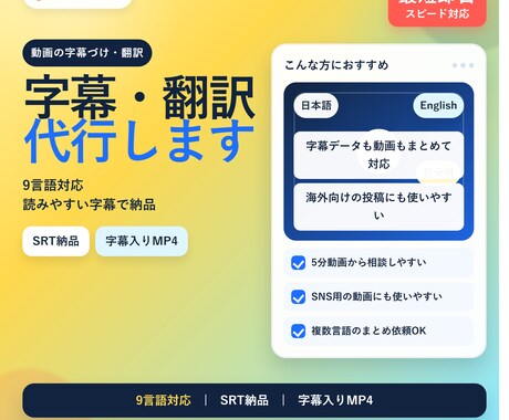 YouTube字幕・翻訳を最短即日で代行します 9言語対応｜SRTも字幕入り動画も納品OK イメージ1
