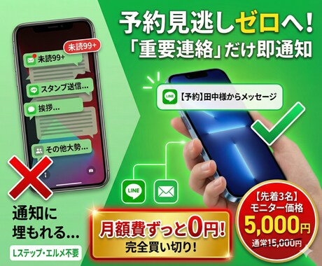脱Lステップ！重要通知を個人LINEへ転送します 月額0円！予約や緊急連絡だけを個人LINE・メールへ自動転送 イメージ1