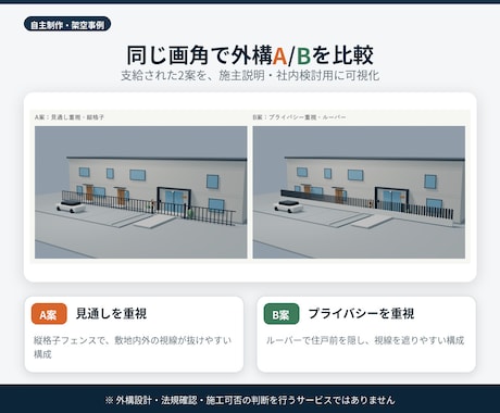 アパート外観・外構比較パースを作成します 支給された2案を同じ画角で分かりやすく比較 イメージ1