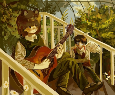 背景ありの、キャラクター一枚絵を描きます 厚塗り風で暖色のイラストを描きます イメージ1