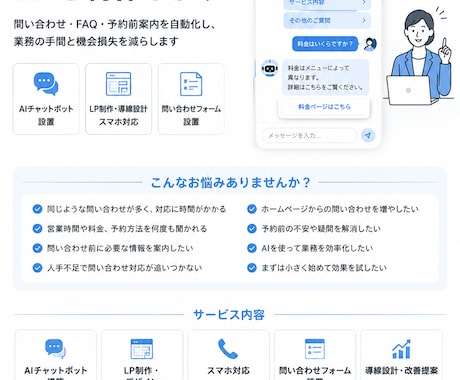 問い合わせ導線AIチャットボットLPを制作します 問い合わせにつながるLPを制作します イメージ2