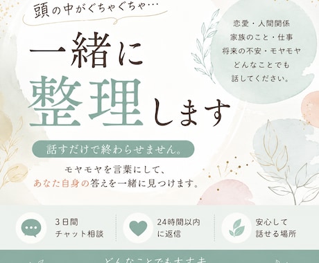 頭の中がぐちゃぐちゃ…一緒に整理します 話すだけで終わない。あなた自身の答えを一緒に見つけます。 イメージ1