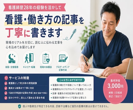 看護師経験を活かして記事を書きます 夜勤・働き方など現場のリアルを丁寧に文章にします。 イメージ1