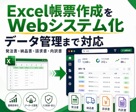 独自のExcel帳票作成をWebシステム化します 発注書や納品書などの帳票をシステム化。データ管理もしやすく イメージ1