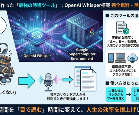 AI文字起こし革命！無料・無制限のツール渡します 精度最強のWhisper搭載。議事録も字幕も0円で全自動化 イメージ1
