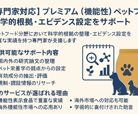 機能性ペットフードのエビデンス設定をサポートします ペットフードの信頼性を高める機能性エビデンスの構築・根拠整理 イメージ2