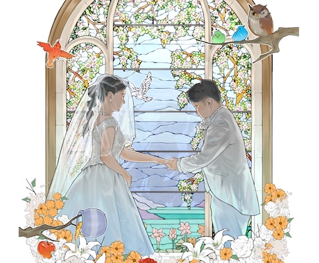 写真を元に繊細なウェディングイラスト作成します 「ポーズはこれ、衣装はこっち」など絵ならではの要望を叶えます イメージ1