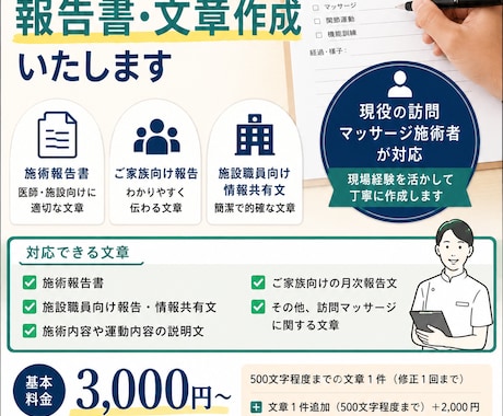 訪問マッサージの施術報告書・文章を作成します 現役施術者が現場経験を活かし丁寧に作成します イメージ1
