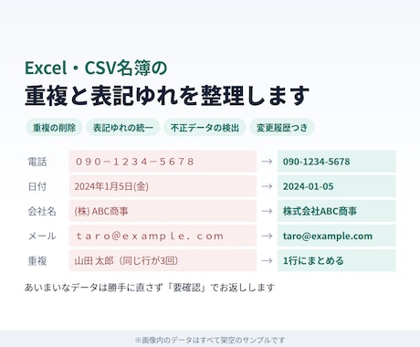Excel・CSV名簿の重複と表記ゆれを整理します イメージ1
