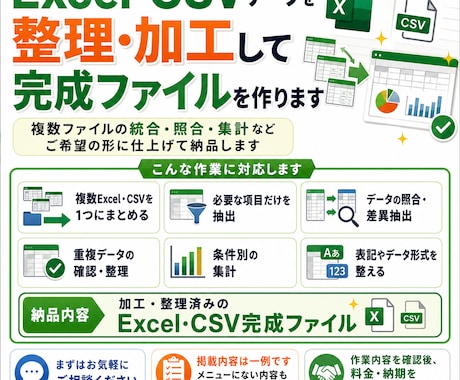 Excel・CSVデータを整理・加工して納品します 統合・照合・集計もご希望の形に仕上げます イメージ1